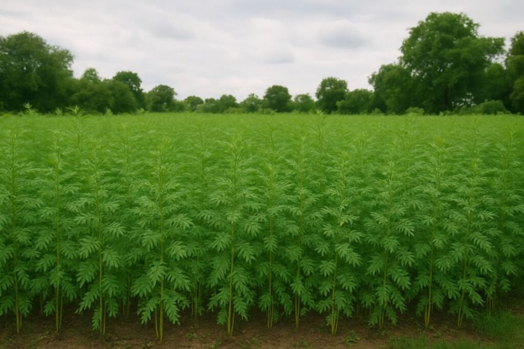 Green Manure Cover Crop Field A field of Dhaincha (Sesbania) plants at medium growth stage, used as green manure, covering moist soil under a cloudy sky.