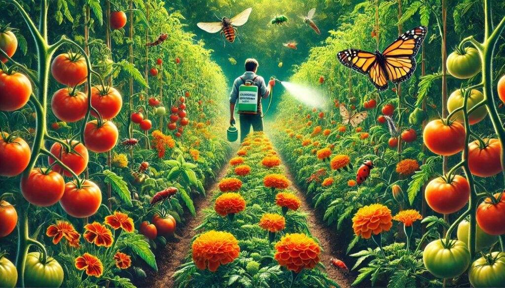 A well-organized vegetable field with tomatoes as the main crop, supported by wooden stakes. Bright marigolds are interspersed between the tomato plants, and rows of onions grow neatly alongside. The soil is rich and well-tilled, with a winding garden path leading through the lush greenery under a sunny sky.