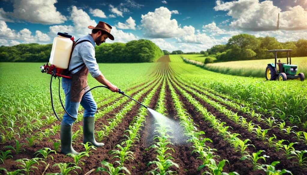 Farmer applying microbial inoculants for soil health
