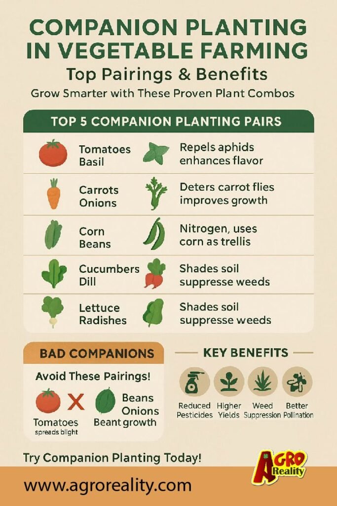 Infographic showing companion planting in vegetable farming with top vegetable pairings and benefits like pest control and higher yields