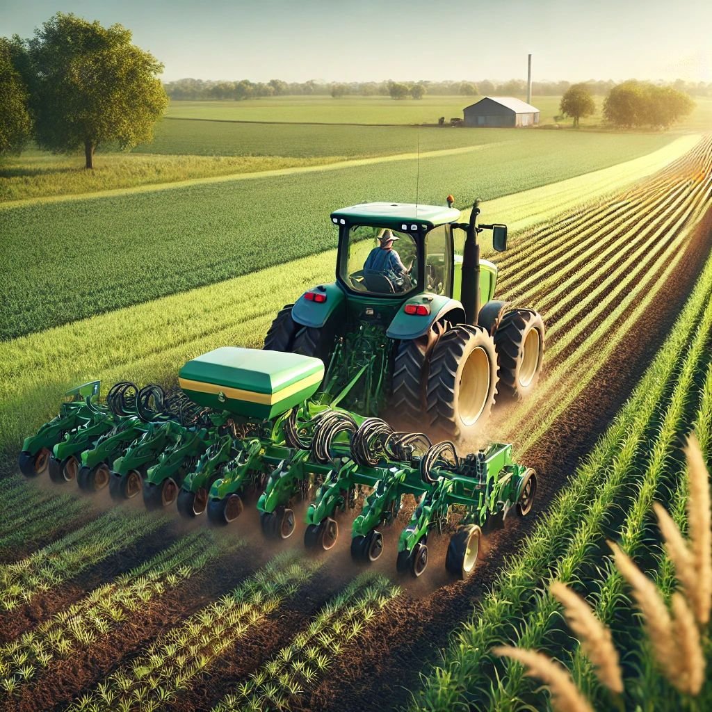A farmer using a no-till planter in action