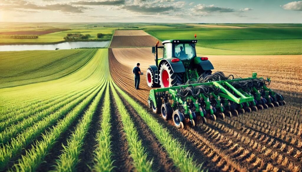 A wide-angle (16:9) image showcasing no-till farming in action.