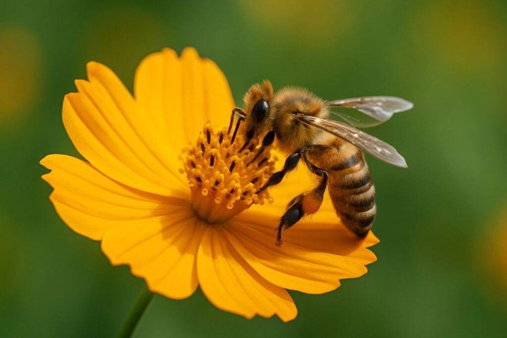 High-resolution photo of a single honeybee in a sunlit blooming meadow.