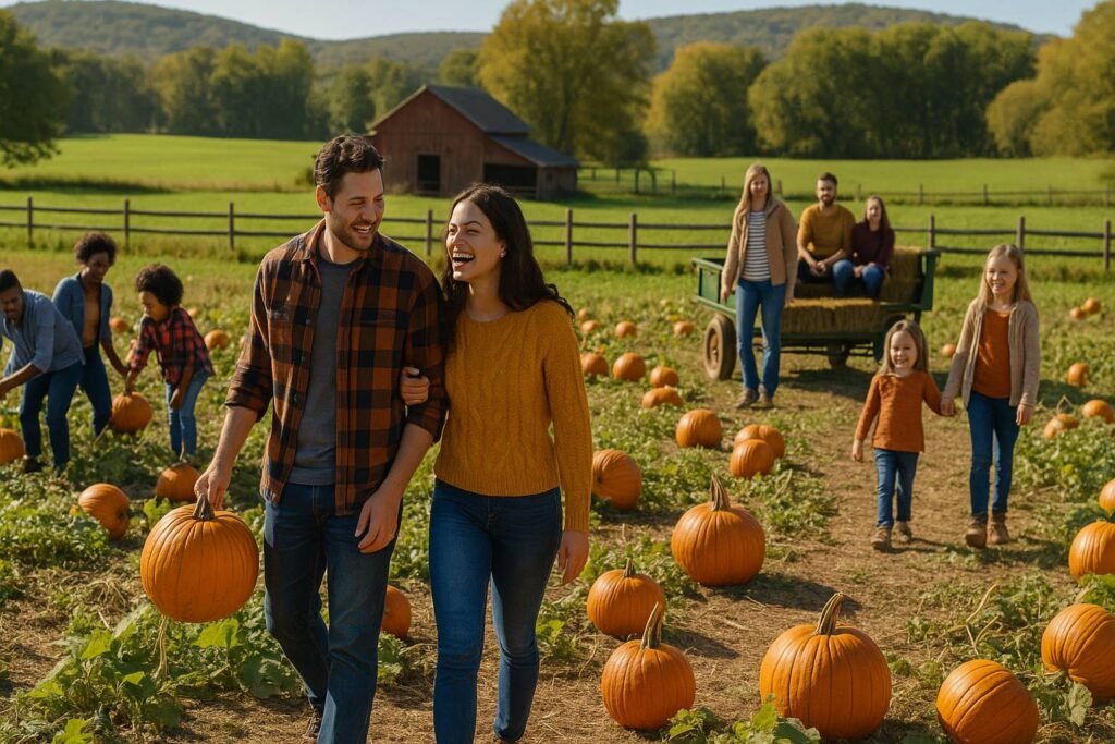 Families and children enjoying agritourism at a pumpkin patch with hayrides, farm animals, and scenic fall decorations.
