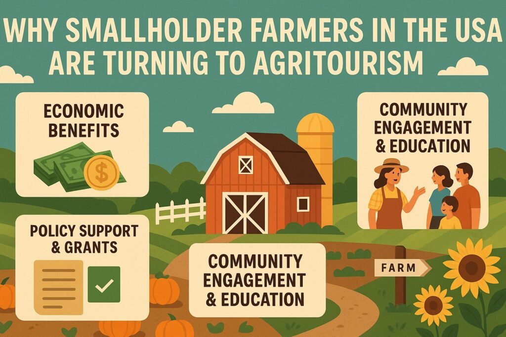 Families and children enjoying agritourism at a pumpkin patch with hayrides, farm animals, and scenic fall decorations.