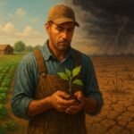 A farmer standing between a sunny green field and a dry stormy field, symbolizing climate change impacts on farming