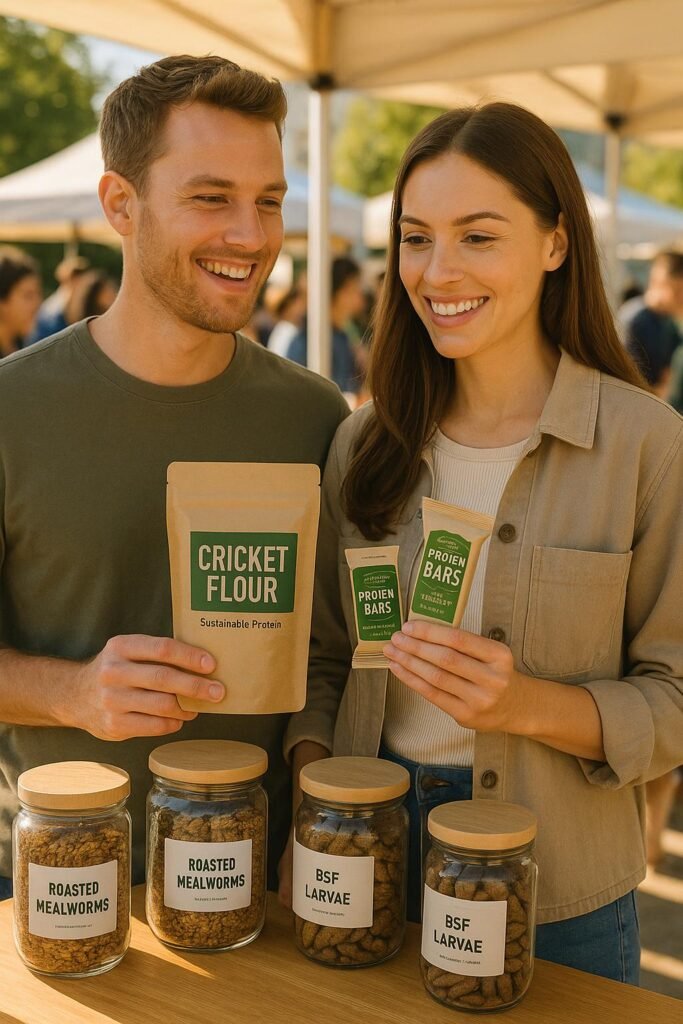 Young couple smiling at a farmers market, holding cricket flour and insect-based protein bars branded as sustainable protein, surrounded by modern packaged insect snacks and curious customers