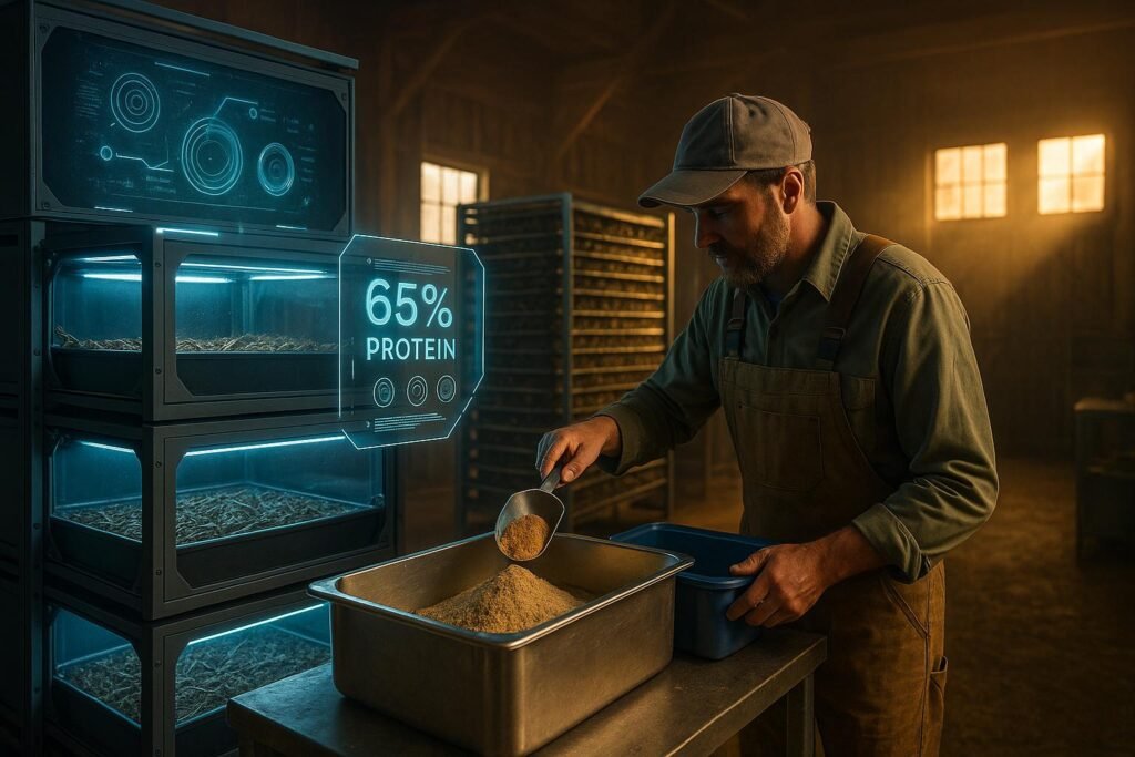 High-tech small-scale insect protein farm inside a repurposed barn, with modular rearing units, LED lighting, and a farmer processing cricket protein powder under natural golden-hour light.