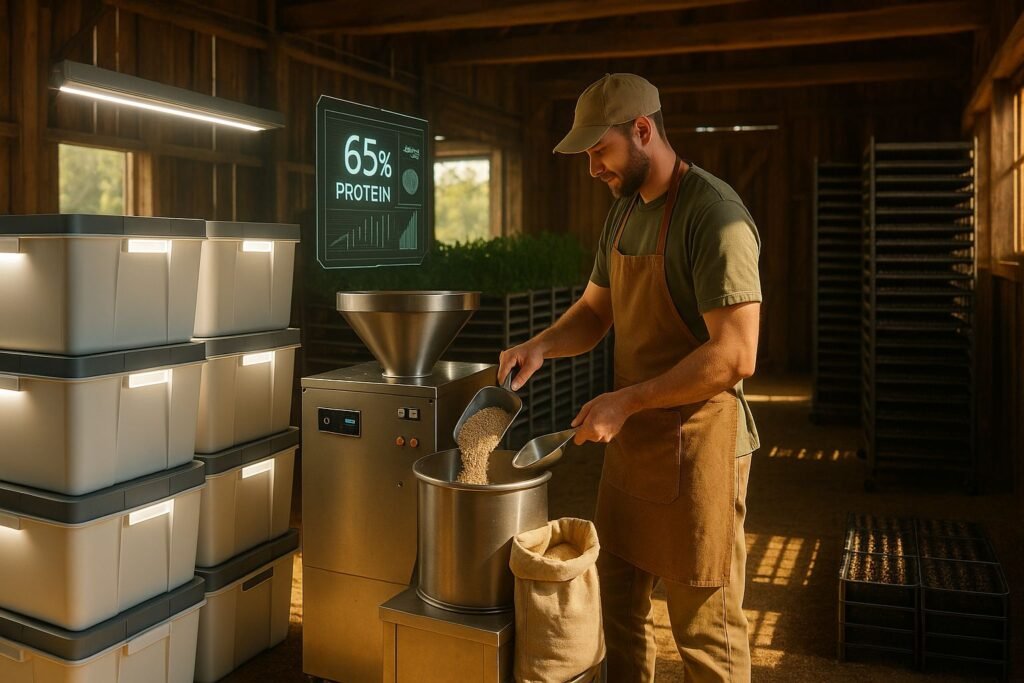 High-resolution DSLR-style photo of a modern small-scale insect protein farm inside a converted barn, featuring sleek modular insect rearing setups and natural sunlight streaming through wooden beams.