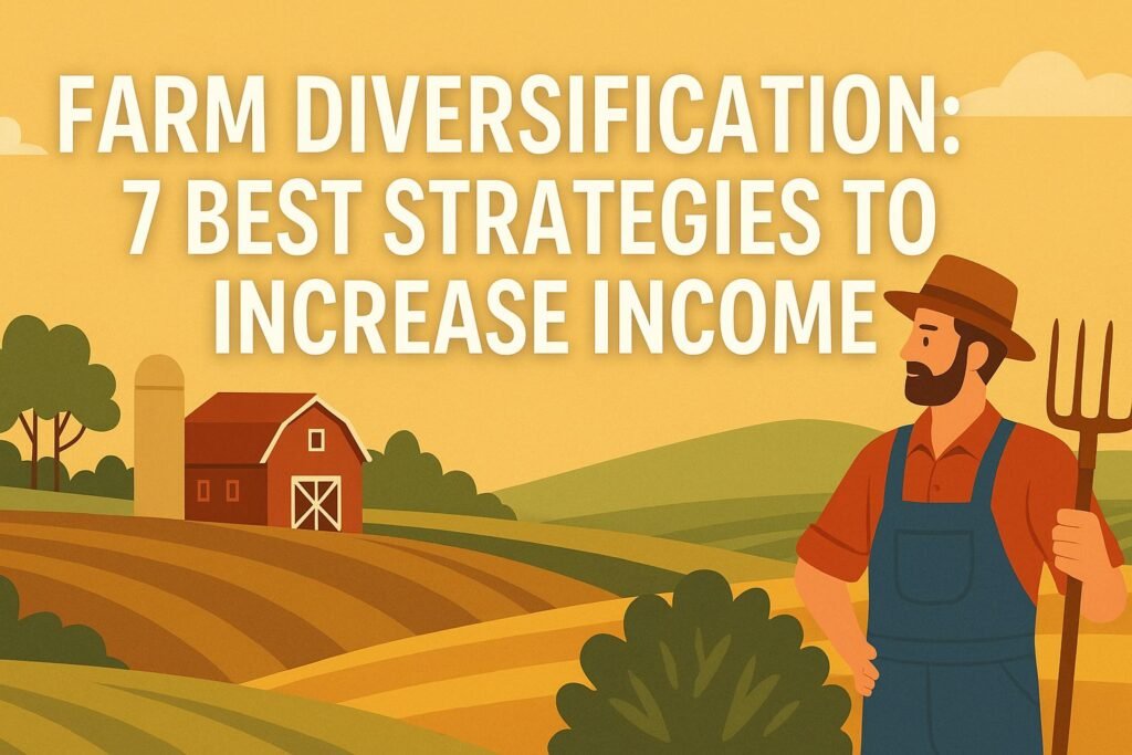 Illustration of a modern diversified farm featuring solar panels, greenhouses, livestock, agritourism facilities, and crop fields.