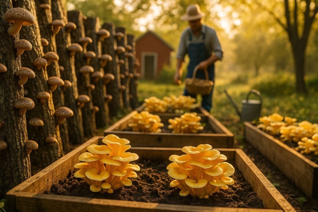 Outdoor mushroom farm with shiitake logs and golden oyster beds at golden hour
