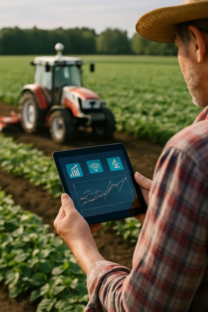A realistic photo of a farmer monitoring an autonomous mini tractor working in a wide open field, showcasing smart implements with a clear background of farmland.