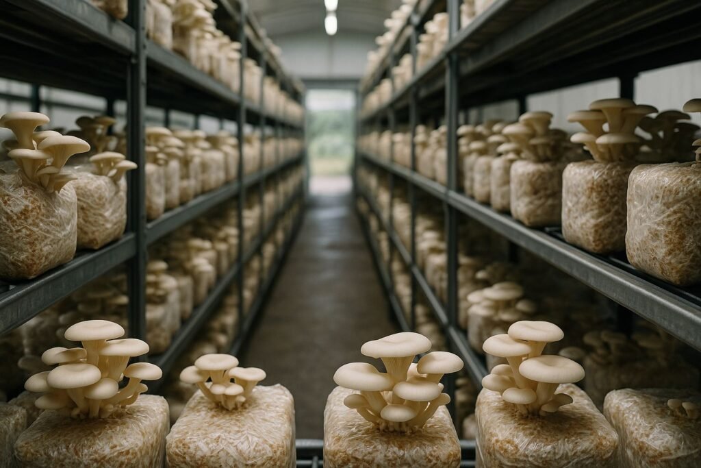 Commercial mushroom farming business setup with oyster mushrooms growing on shelves in a climate-controlled room.