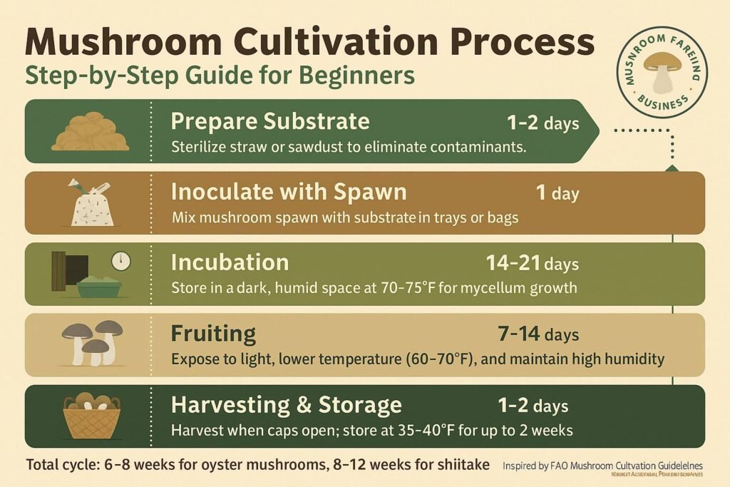 Infographic showing step-by-step mushroom cultivation process for a profitable mushroom farming business in 2025.