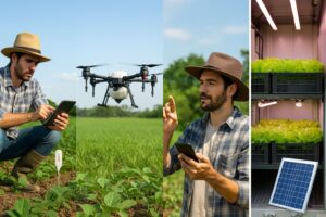 An image showing smart farming technologies in action: a small tractor operating autonomously in a field, a drone flying overhead for crop monitoring, a solar-powered irrigation system in use, and a farmer checking data on a mobile farm management app.