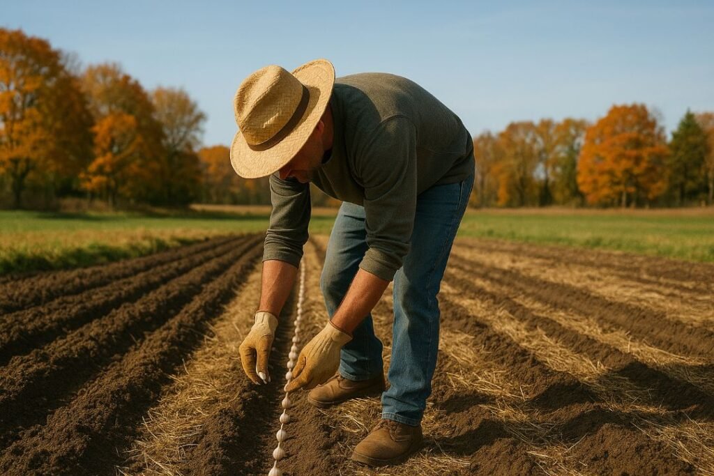 A farmer planting garlic cloves in rows on a mulched field during autumn in the USA.