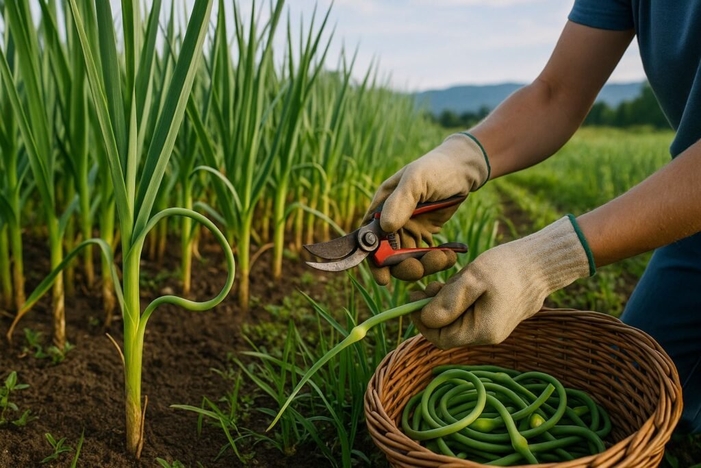 A gardener harvesting curly garlic scapes by hand on an organic farm in Oregon.