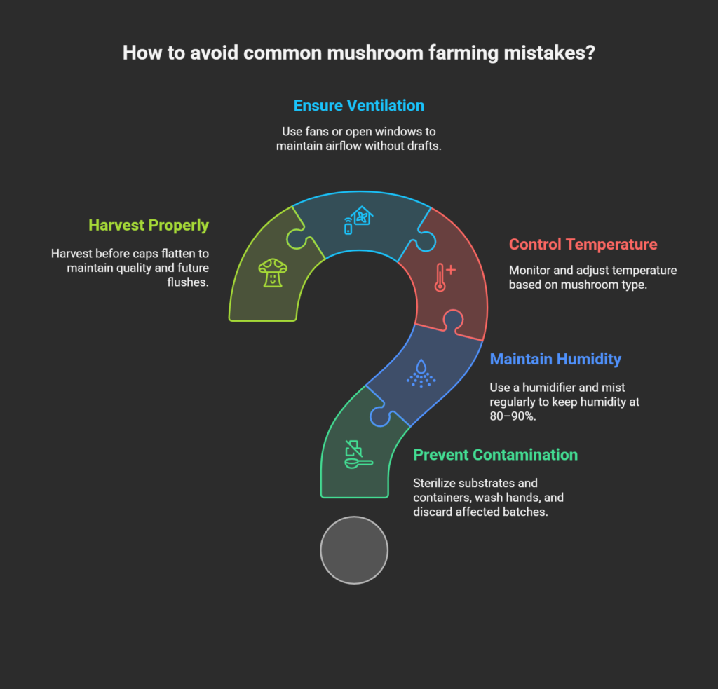 Infographic on avoiding common mushroom farming mistakes, including tips on ventilation, harvesting, temperature control, humidity maintenance, and contamination prevention for successful mushroom cultivation.