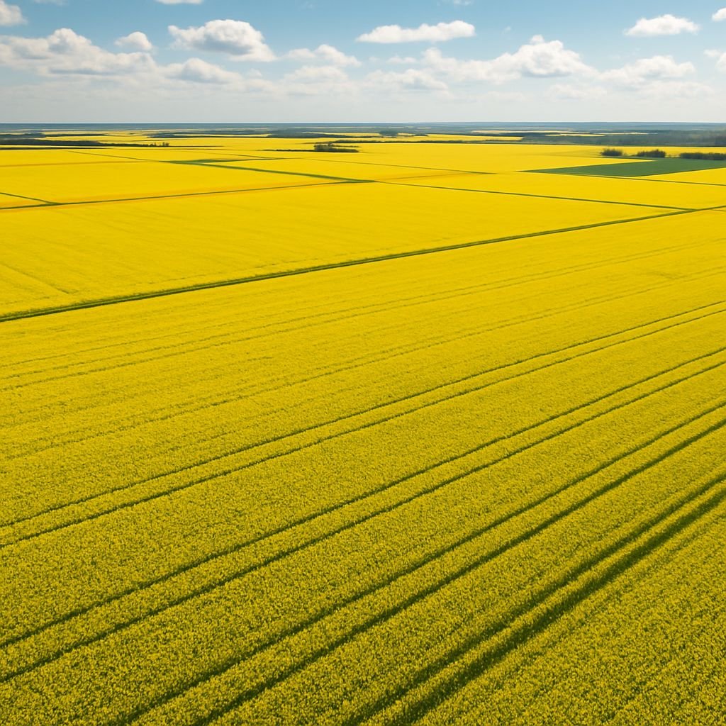 Aerial view of golden canola fields in Saskatchewan, Canada