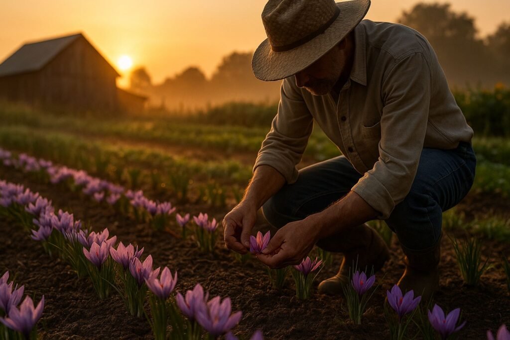 A high-resolution DSLR image of a farmer carefully harvesting saffron flowers in a vibrant, early-morning field setting, showcasing the delicate and labor-intensive nature of saffron farming.