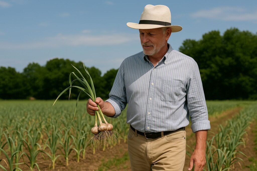 Mature farmer holding freshly harvested garlic bulbs in an American field.