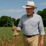 Mature farmer holding freshly harvested garlic bulbs in an American field.