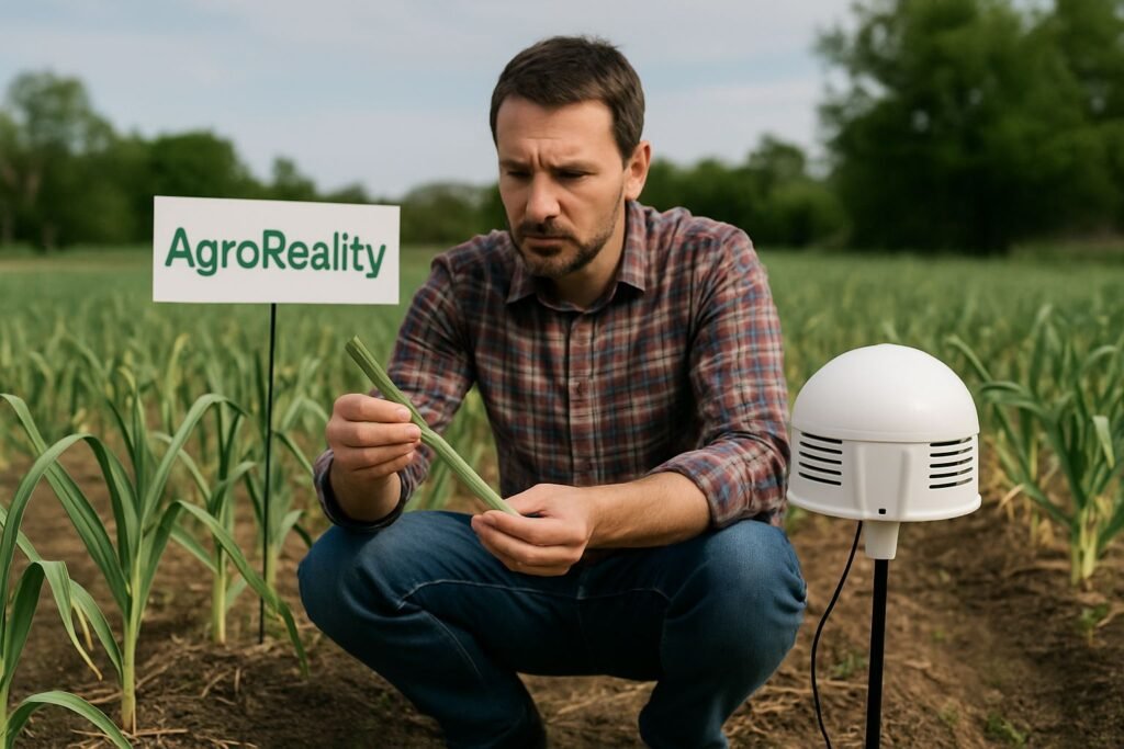 Farmer inspecting garlic leaves in a US garlic field using smart agriculture tools.