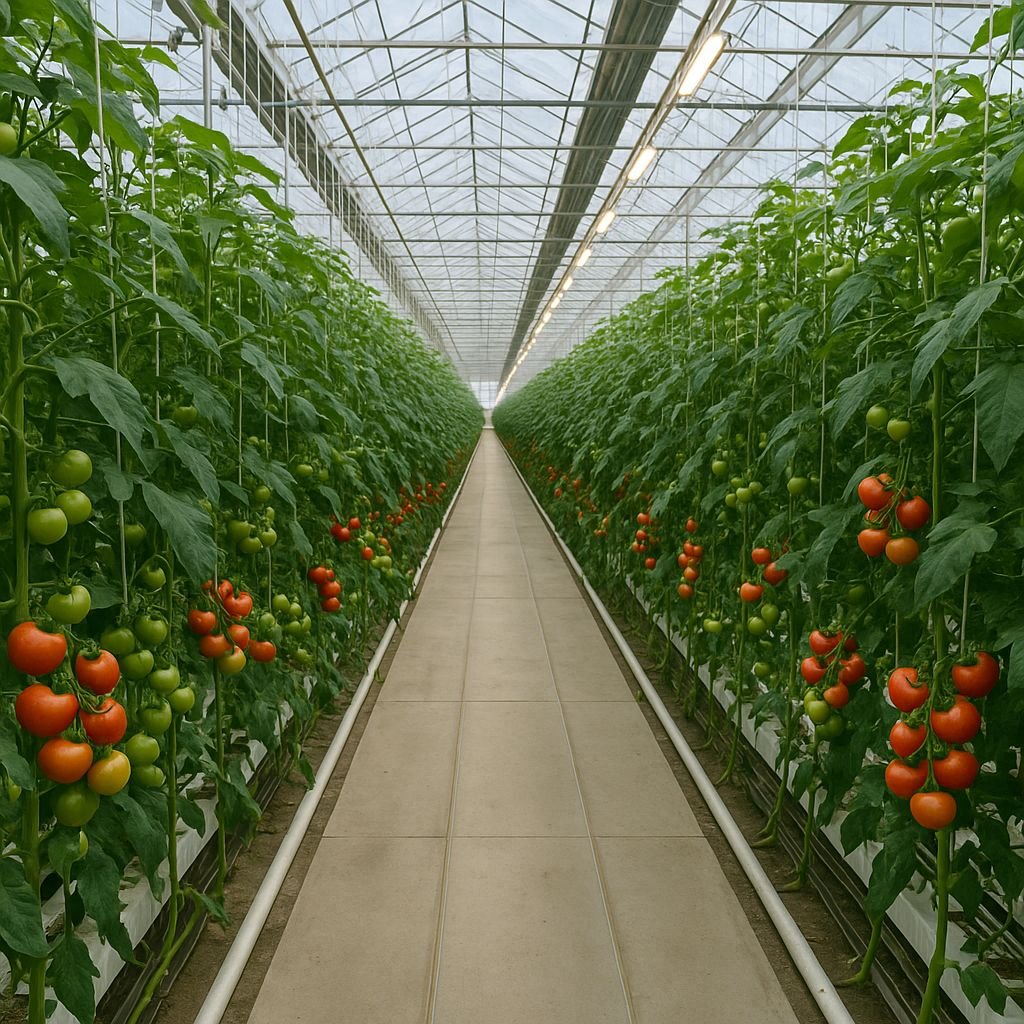 Hydroponic greenhouse with rows of tomatoes in Ontario, Canada