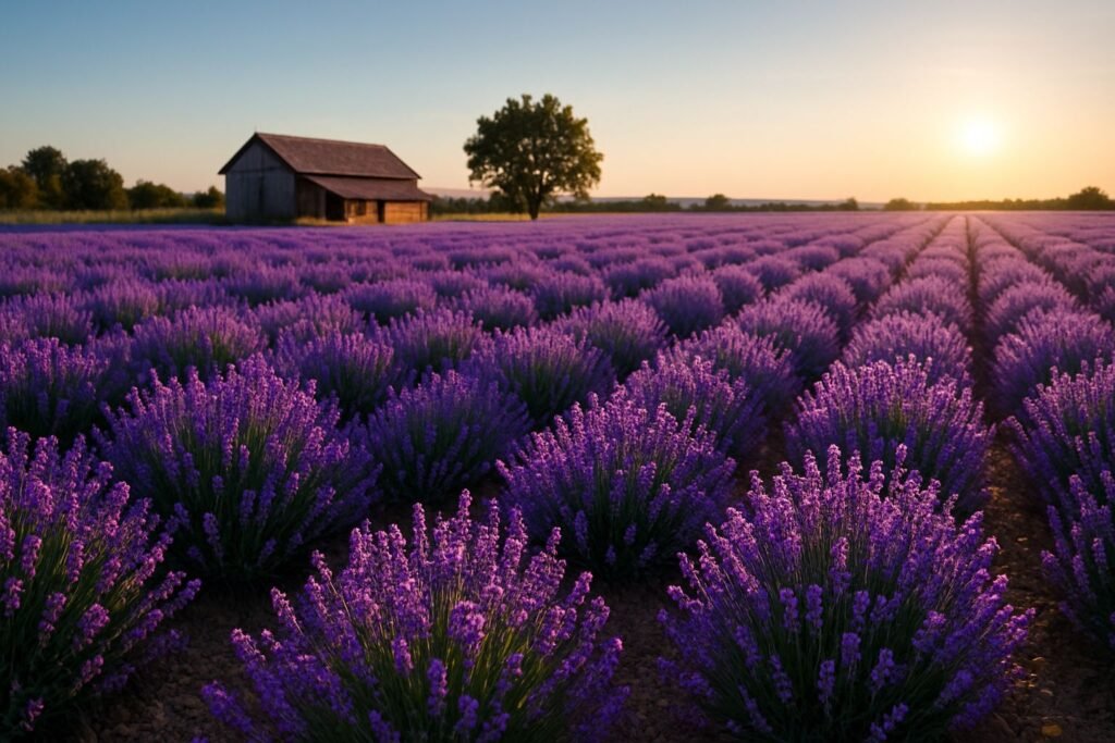 A vibrant lavender field captured at sunset with rows of blooming purple flowers, a wooden farmhouse, and a tree in the background under a clear sky.