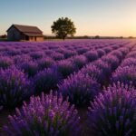 A vibrant lavender field captured at sunset with rows of blooming purple flowers, a wooden farmhouse, and a tree in the background under a clear sky.