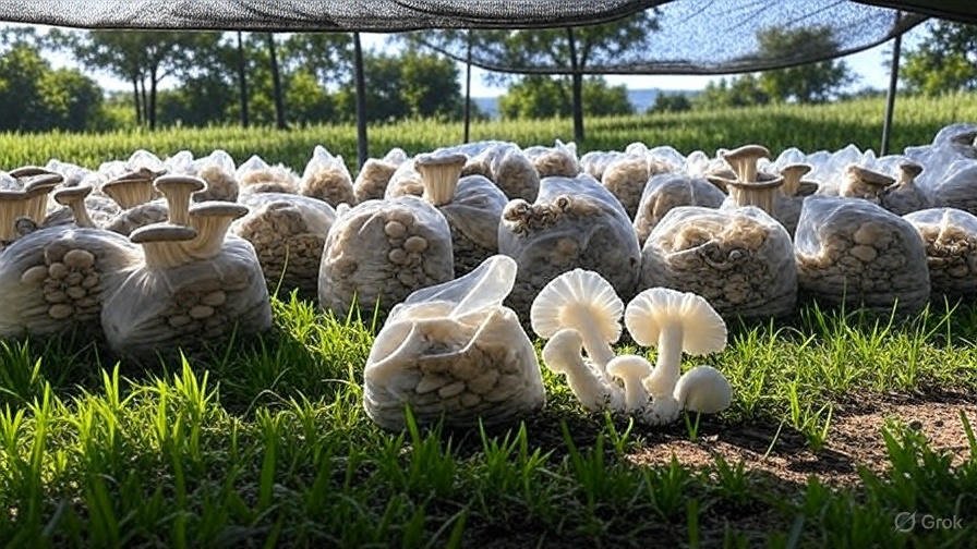 Several plastic bags filled with growing oyster mushrooms are placed on a grassy field under a shaded net, with some mushrooms sprouting out, set against a backdrop of green trees and open land, illustrating outdoor mushroom cultivation.