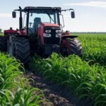 An autonomous tractor operating in a green field at Hands-Free Farm, showcasing smart farming UK technology.