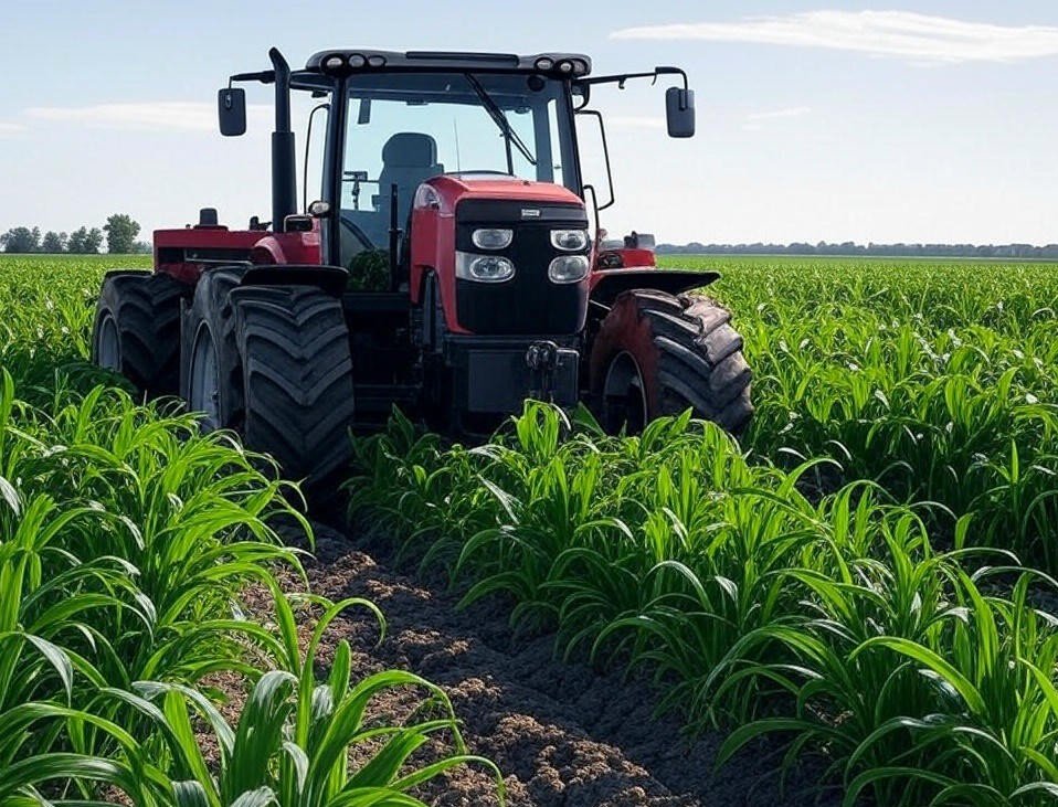 An autonomous tractor operating in a green field at Hands-Free Farm, showcasing smart farming UK technology.