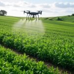 Drone spraying crops in a green field using smart farming technologies