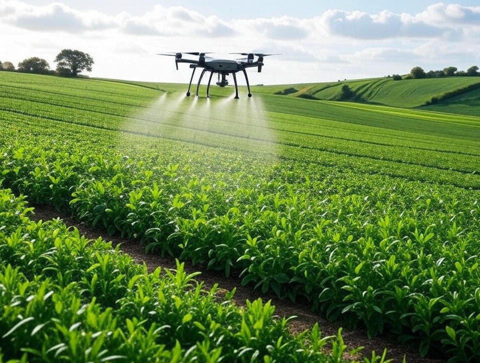 Drone spraying crops in a green field using smart farming technologies
