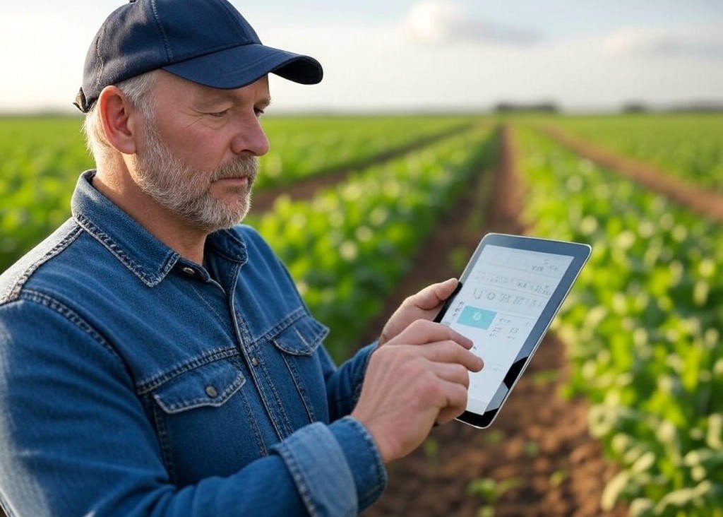 Farmer using tablet with smart farming technologies in a crop field