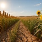 A vibrant Southern USA farm field with drought-resistant crops like sorghum and sunflowers under a sunny sky, showcasing dry, cracked soil and rolling hills.