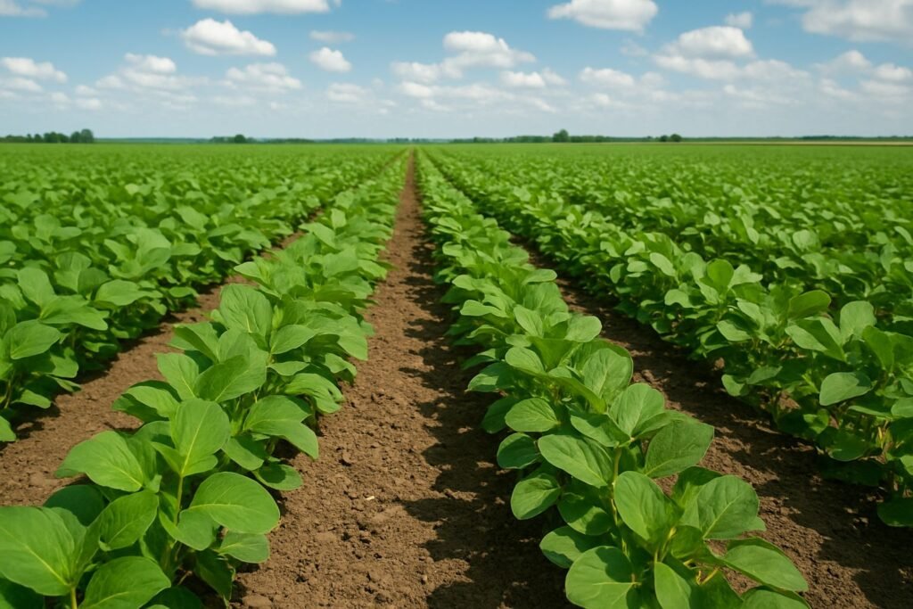 A wide-angle view of a lush soybean farm in Canada under a partly cloudy sky.
