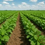 A wide-angle view of a lush soybean farm in Canada under a partly cloudy sky.
