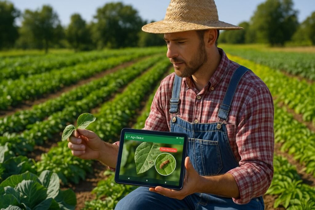 A small farmer using AI-based pest detection tools like AgroScout on a tablet to identify pests on crops in a thriving vegetable garden.