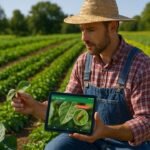 A small farmer using AI-based pest detection tools like AgroScout on a tablet to identify pests on crops in a thriving vegetable garden.