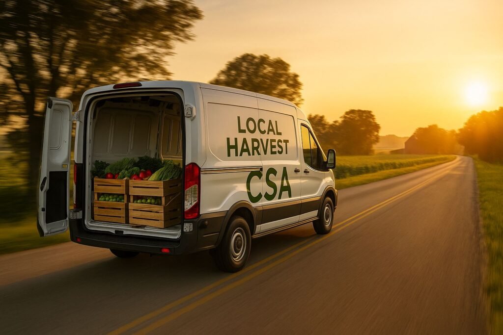 CSA revenue models illustrated through a Local Harvest CSA delivery van transporting fresh produce at sunrise on a rural road.