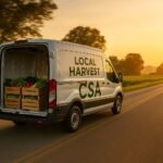 CSA revenue models illustrated through a Local Harvest CSA delivery van transporting fresh produce at sunrise on a rural road.