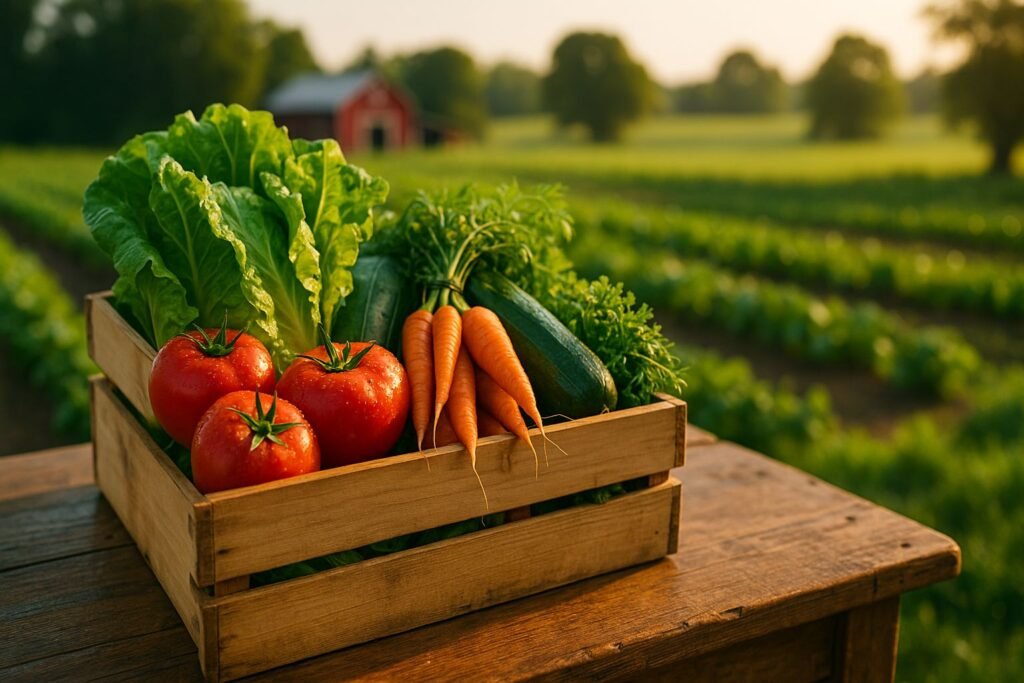 CSA revenue models displayed through a subscription box of fresh vegetables on a rustic farm table during golden hour.
