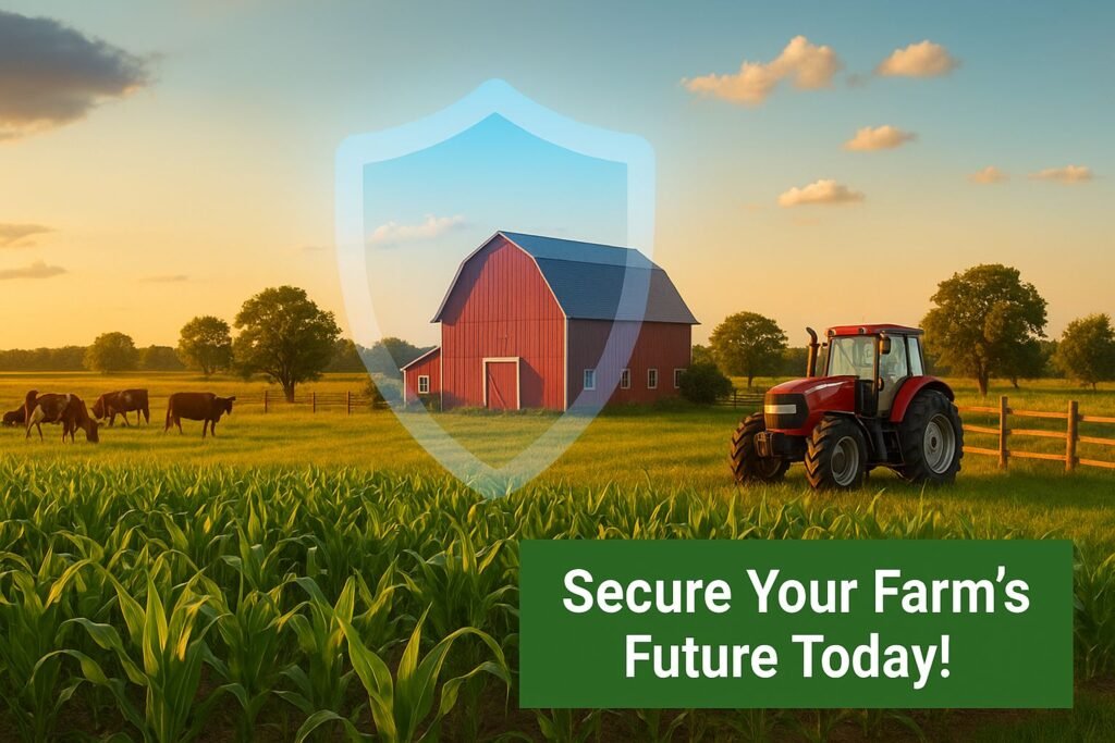 Vibrant farm landscape with shield icon and call to action for farm insurance protection in 2025.