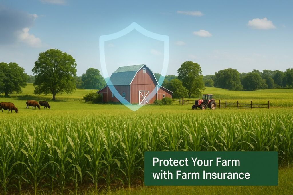 Serene farm landscape with shield icon symbolizing farm insurance protection in 2025.