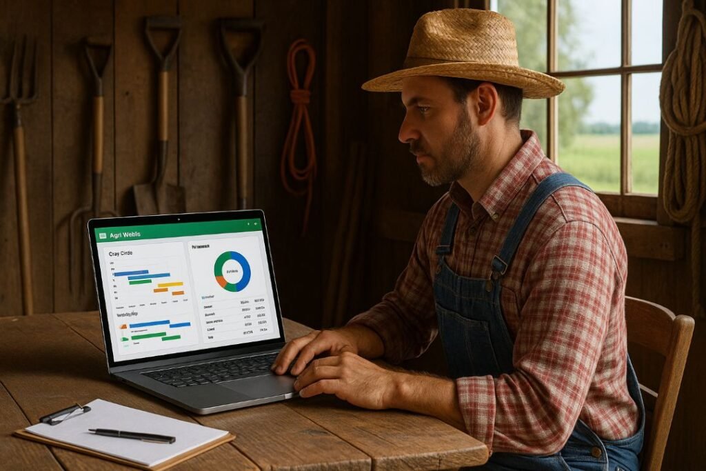 A small farmer managing farm operations with software as a Smart farming tools for small farmers like AgriWebb on a laptop, displaying crop cycles and finances in a barn setting.