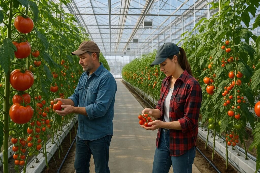 Farmers inspecting ripe Beefsteak and Cherry tomatoes in a modern Canadian greenhouse with drip irrigation and snowy landscape outside.