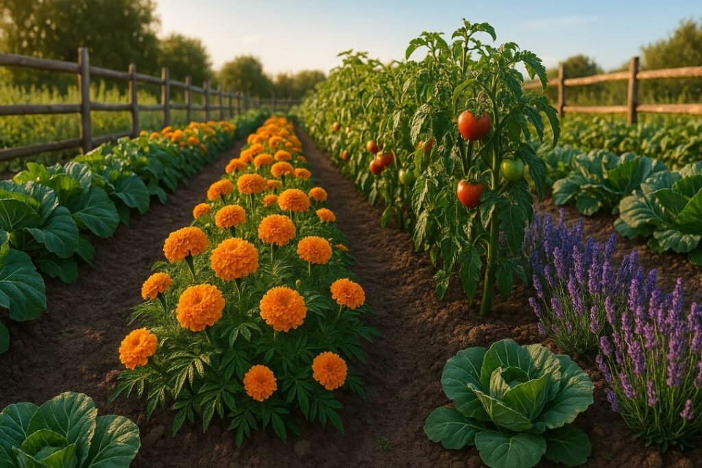 Vibrant organic farm with marigolds and lavender as insect-repelling plants for natural pest control during golden hour.