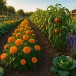Vibrant organic farm with marigolds and lavender as insect-repelling plants for natural pest control during golden hour.